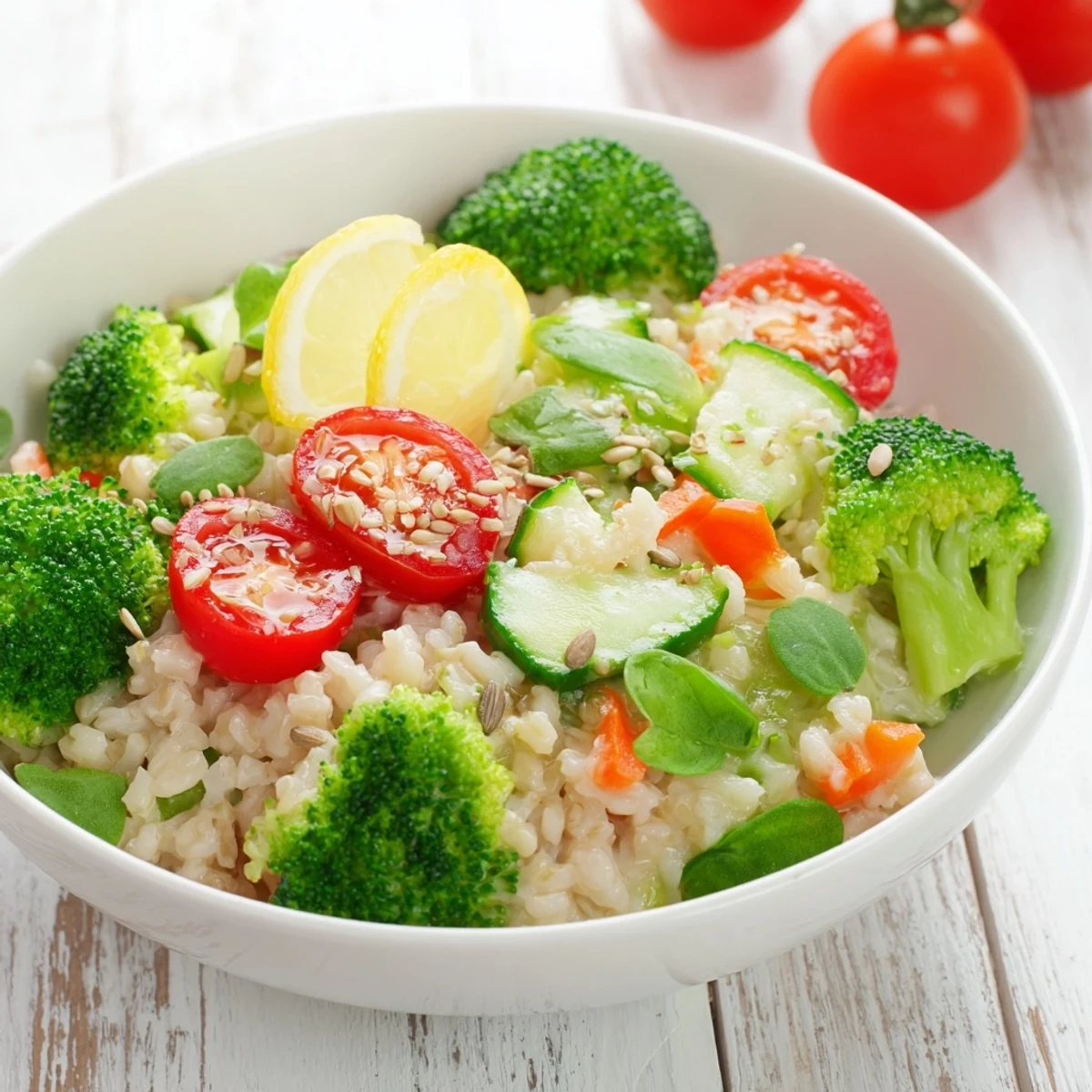 Enjoy this delicious Evergreen Low Fat Grain Bowl, topped with fresh herbs and a zesty lemon dressing.