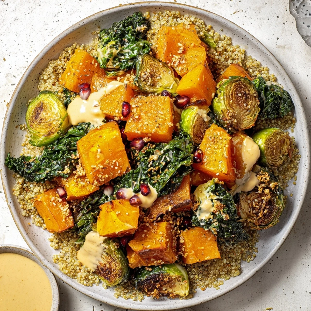 A warm Winter Harvest Vegan Bowl overflowing with roasted, golden-brown vegetables, ready to eat.
