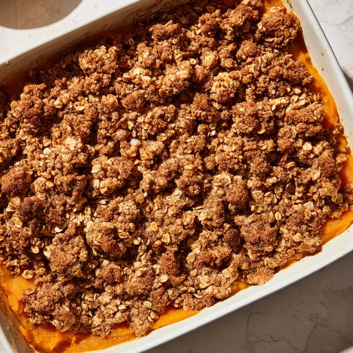 Golden-brown Pumpkin Spice Crumble, a warm autumn dessert served with a scoop of vanilla ice cream.