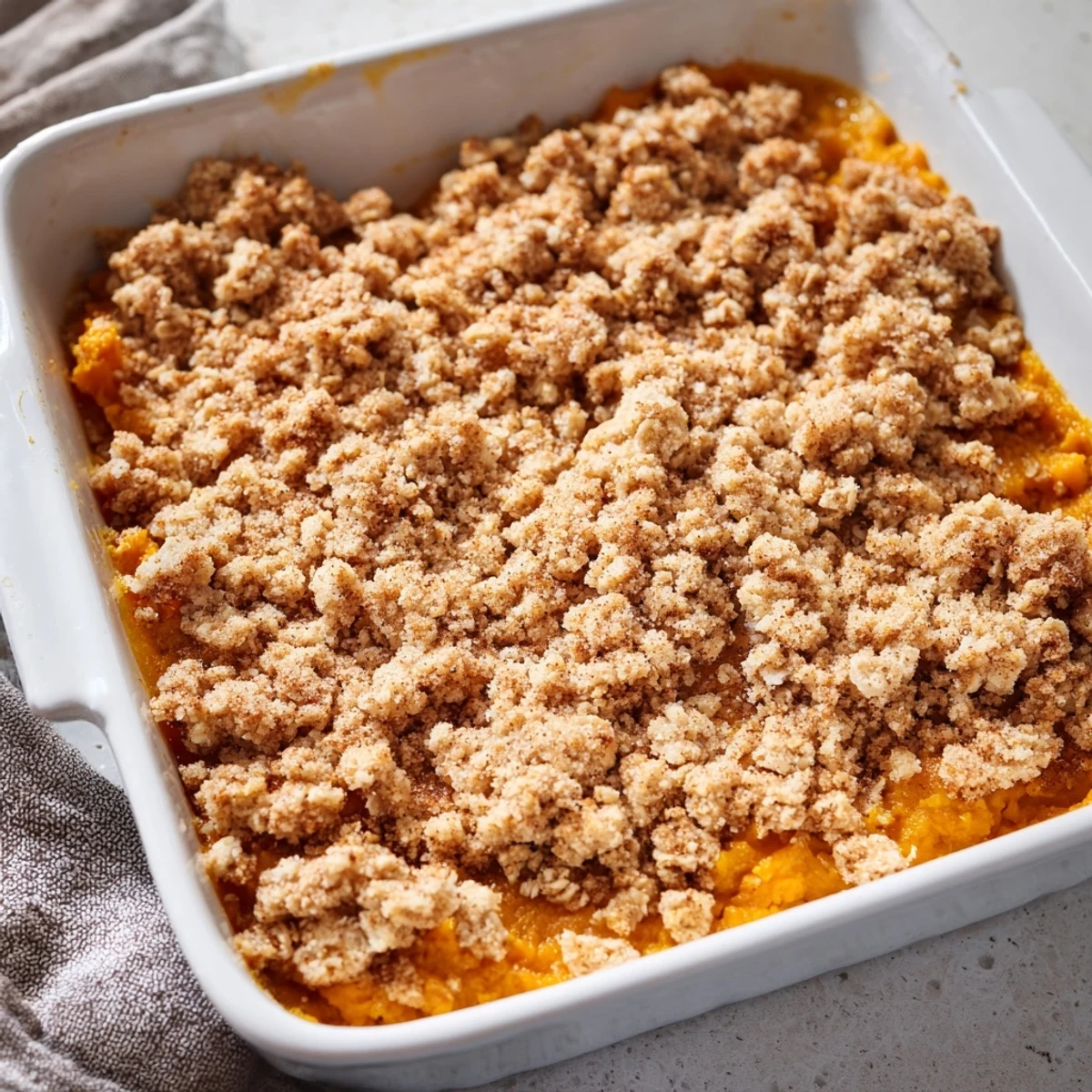 Freshly baked Pumpkin Spice Crumble with a crisp, buttery oat topping alongside a steaming cup of tea.