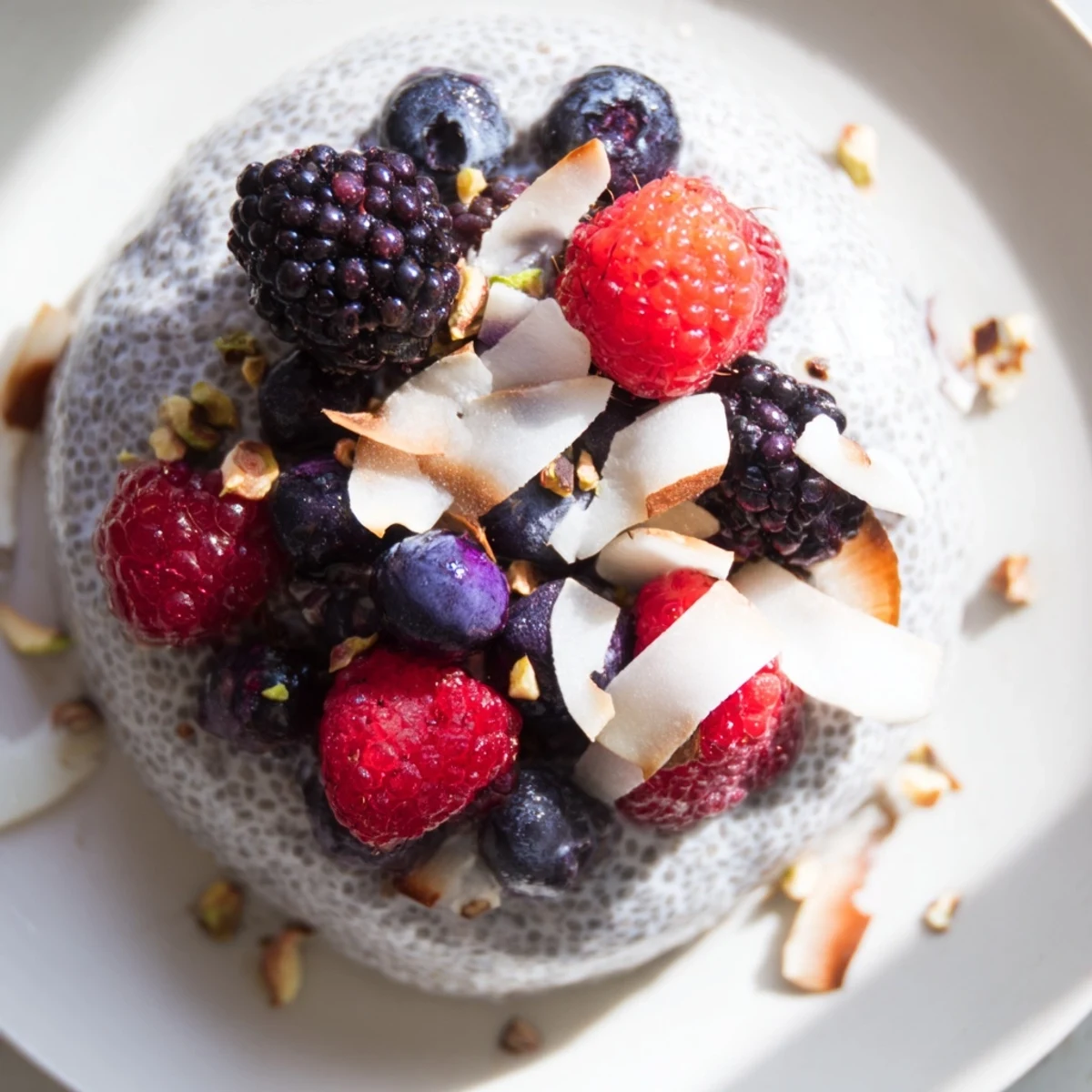 Creamy coconut chia pudding with fresh berries and toasted coconut, ready to eat.