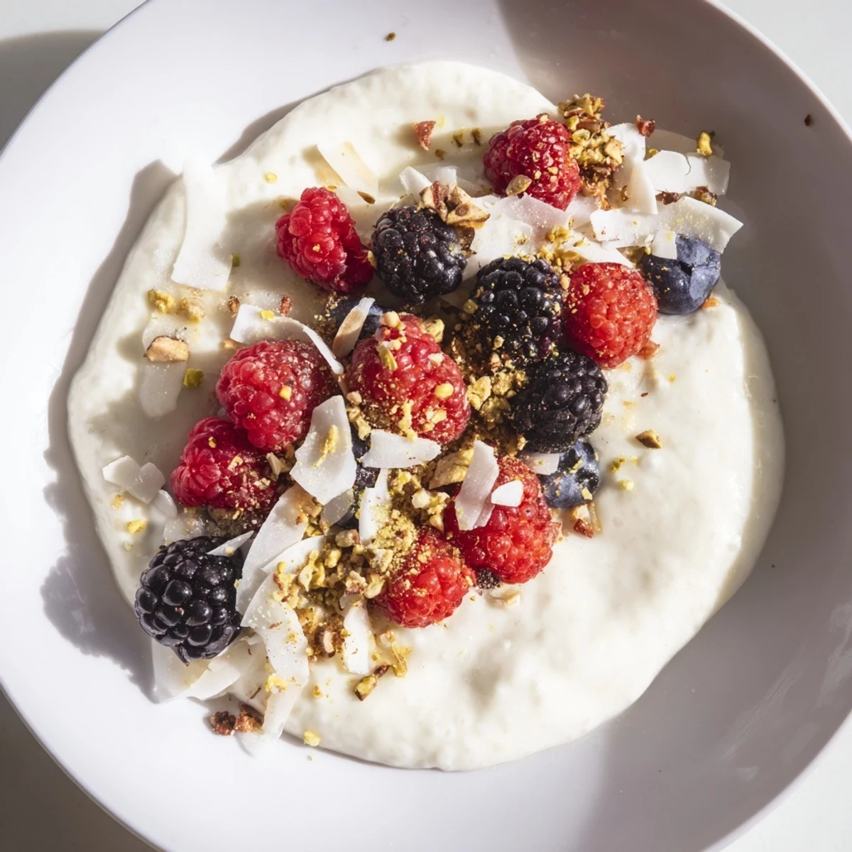 A close-up of a chilled coconut chia pudding, garnished with pistachios and a maple syrup drizzle.