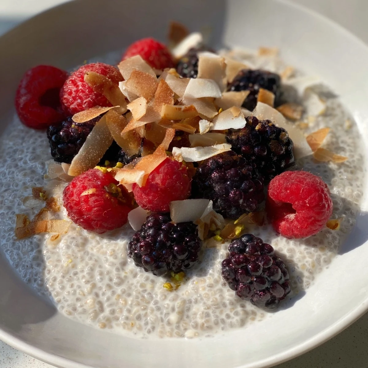 Silky coconut chia pudding, baked for a toasted flavor, topped with vibrant mixed berries.