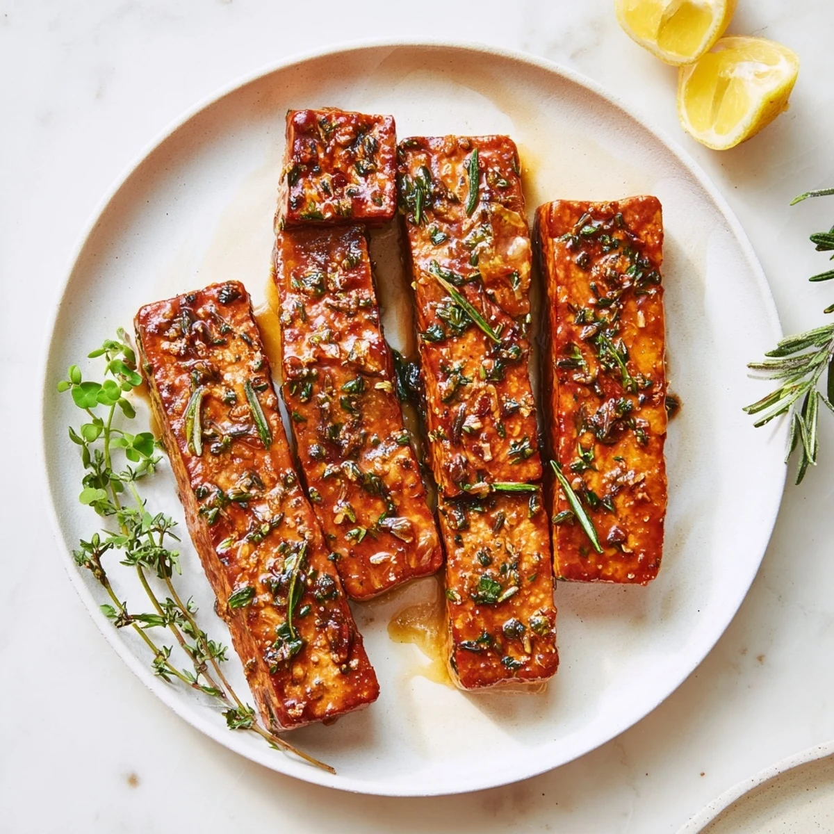 Golden-brown herbed vanilla scented tempeh steaks garnished with fresh herbs, ready to serve for dinner.