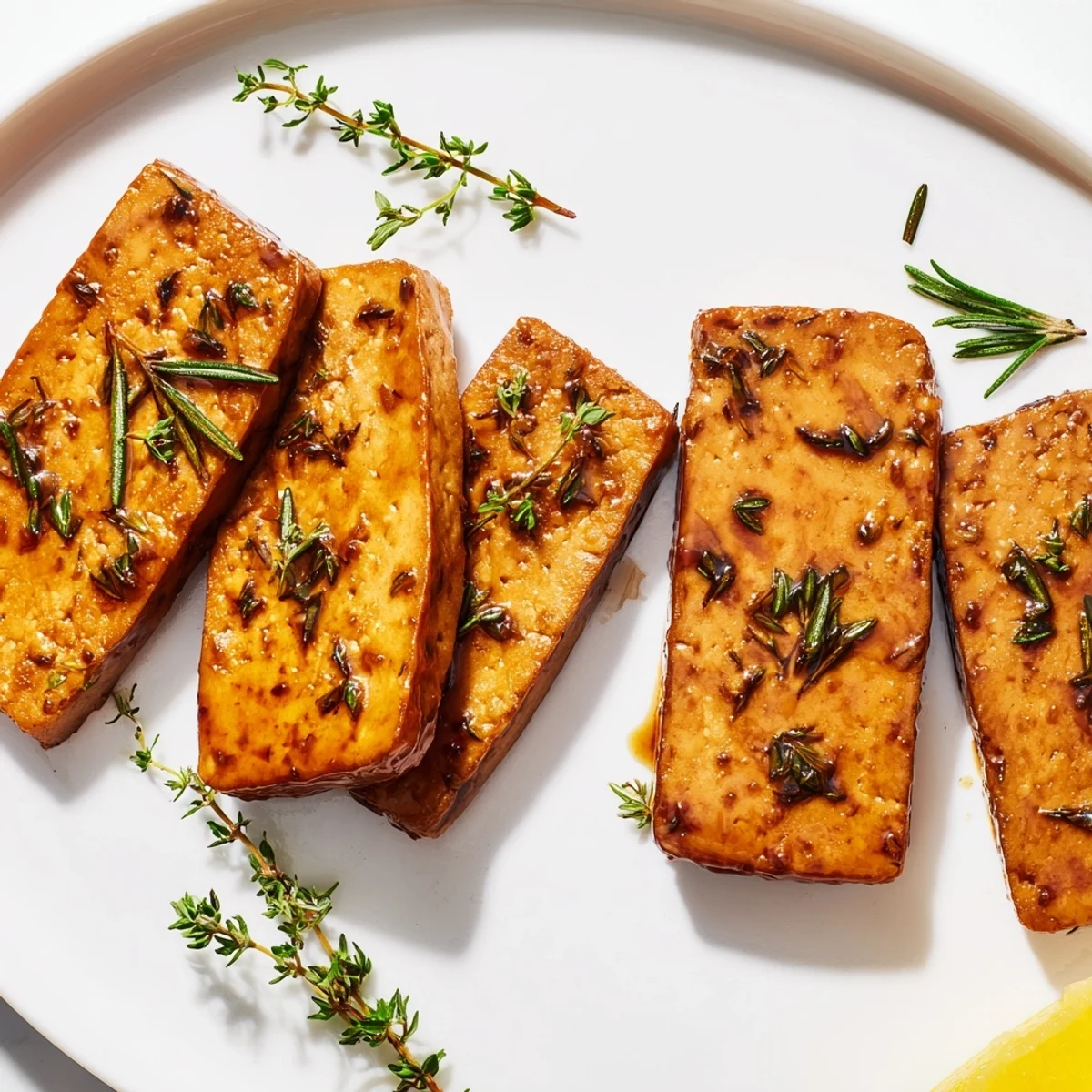 Savory herbed vanilla scented tempeh steaks, pan-seared and glistening, smelling of fresh thyme and rosemary.