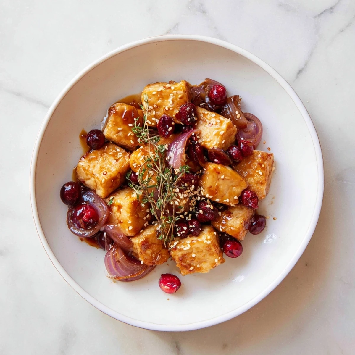 Golden-brown Thyme Roasted Ginger Miso Tofu with glistening, tart cranberries and savory aromas.