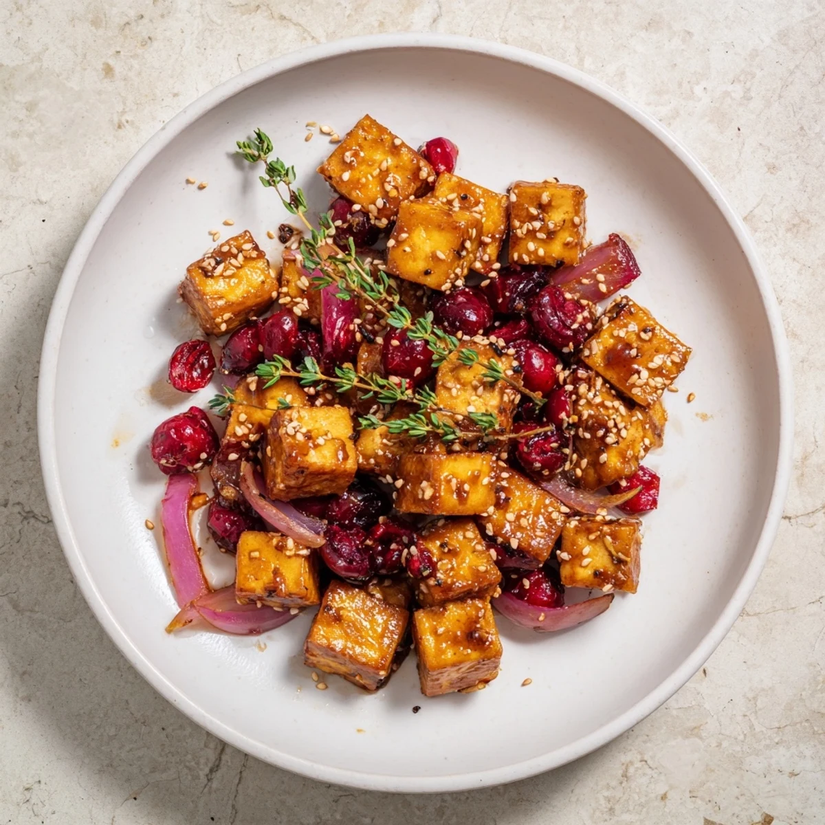 Crispy, umami Thyme Roasted Ginger Miso Tofu with vibrant red cranberries arranged on a platter ready to serve.