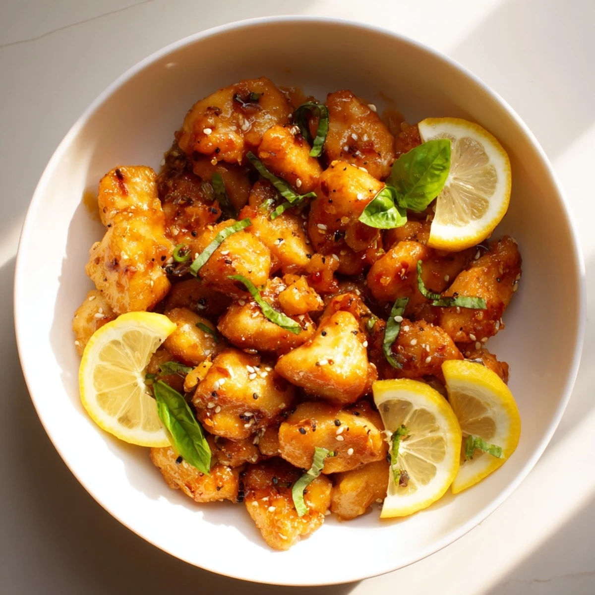 Lemon Fresh Citrus Basil Chicken with vibrant basil and lemon slices, ready to serve.