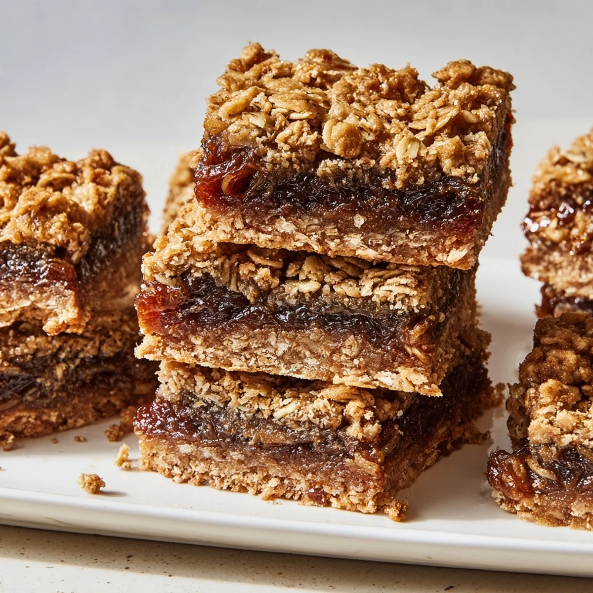 Golden Spiced Date Squares with visible date filling and a buttery oat topping, ready to be cut.