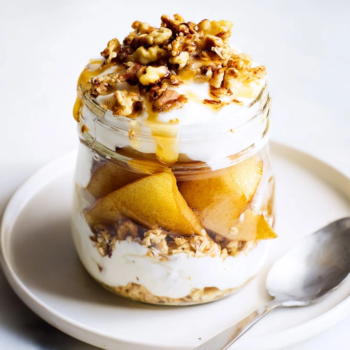 Golden-brown roasted maple kissed pear parfaits layered in a glass with creamy yogurt, perfect dessert.