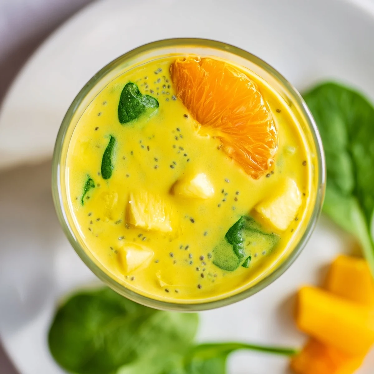 A bright glass of Seasonal Glow Vegan Smoothie, creamy and full of refreshing fruit and veggies.