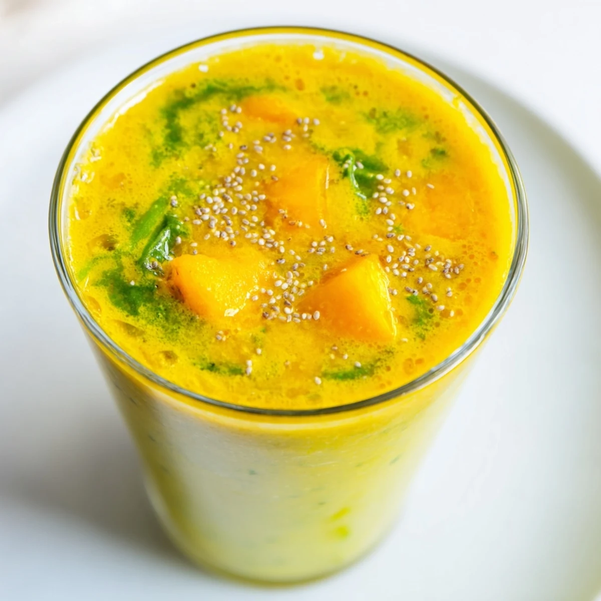 This beautiful Seasonal Glow Vegan Smoothie features vibrant oranges, mango, and a hint of ginger.