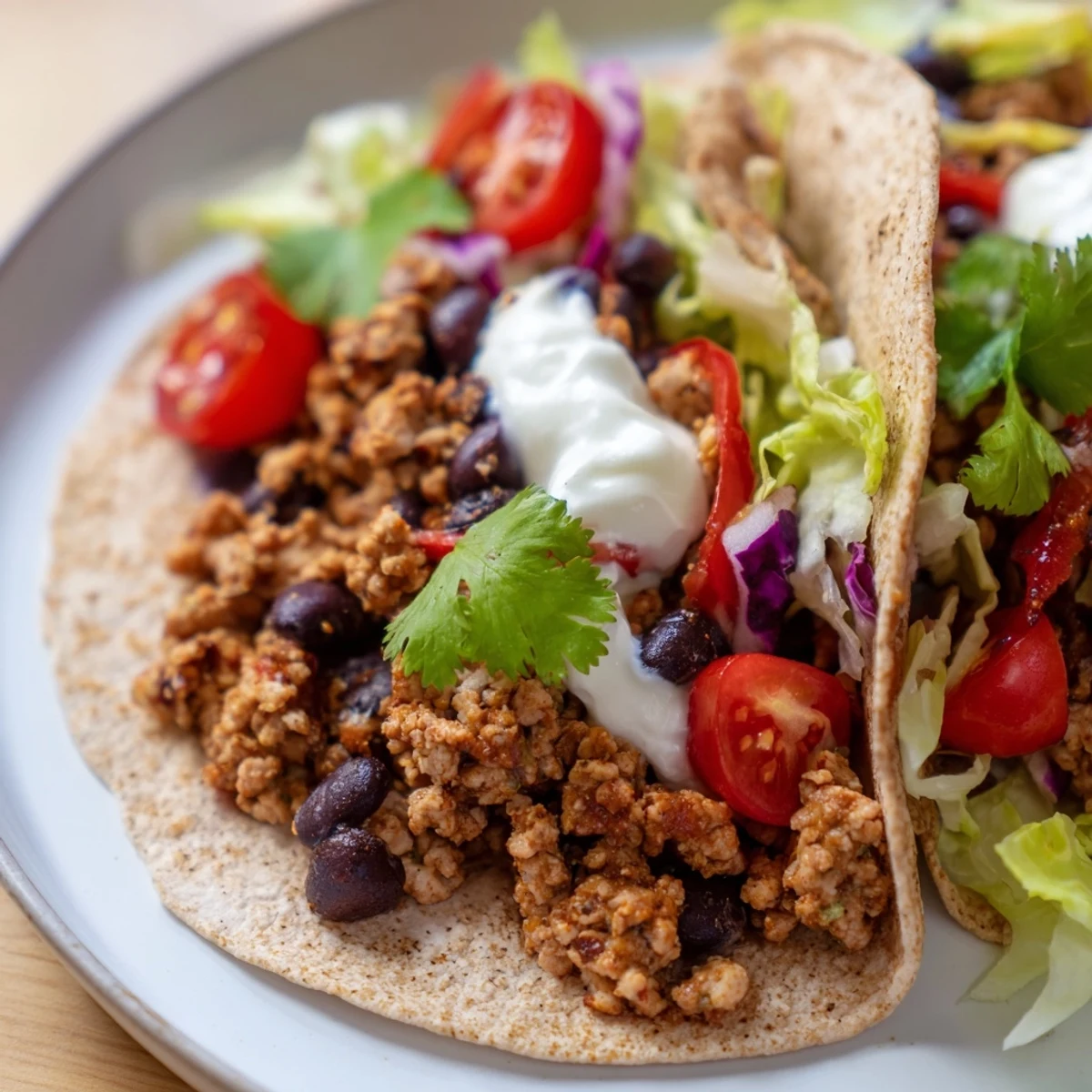 Close-up of hearty Fireside High Protein Tacos, steaming, with fresh cilantro and creamy Greek yogurt.