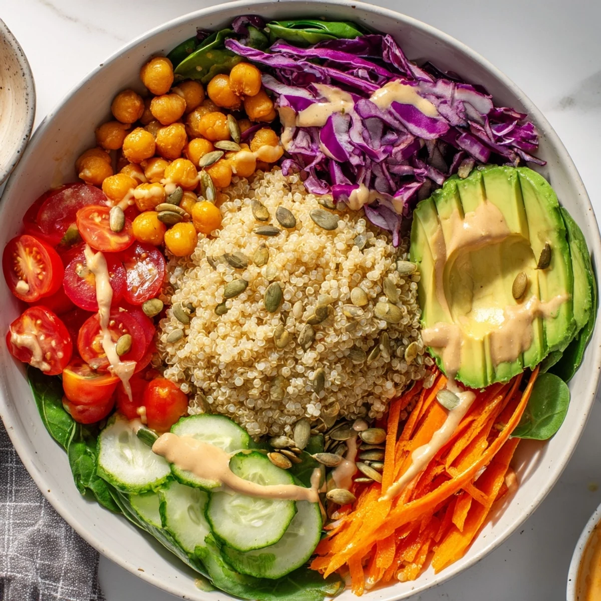 A colorful chilled Chilly Breeze Vegan Grain Bowl with fresh veggies and creamy tahini dressing.
