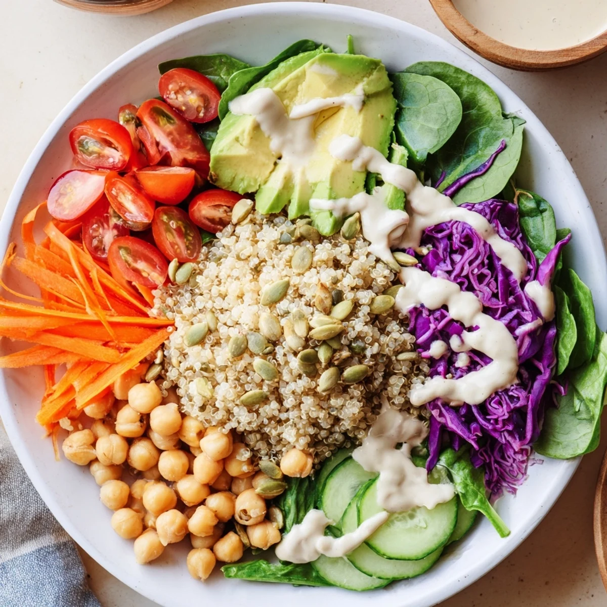 This Chilly Breeze Vegan Grain Bowl features vibrant quinoa, crisp vegetables, and a citrus-tahini drizzle.