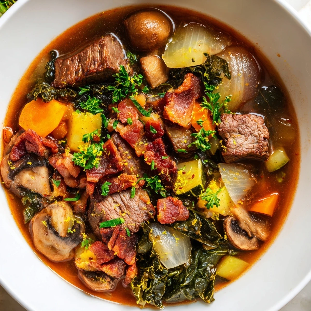 Close-up of a rich, aromatic Winter Wellness Keto Stew, showcasing beef and hearty low-carb veggies.