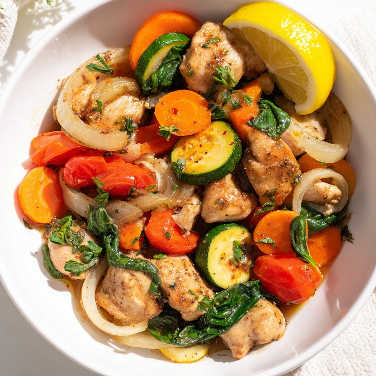 Steaming hot, this Cozy Evening Low Fat Skillet showcases chicken, colorful peppers, and tomatoes, a healthy one-pan meal.