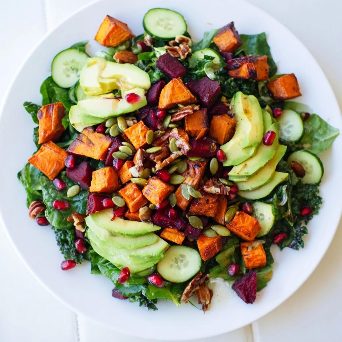 Bright and refreshing New Year Paleo Salad, topped with crunchy pecans and a flavorful lemon vinaigrette.