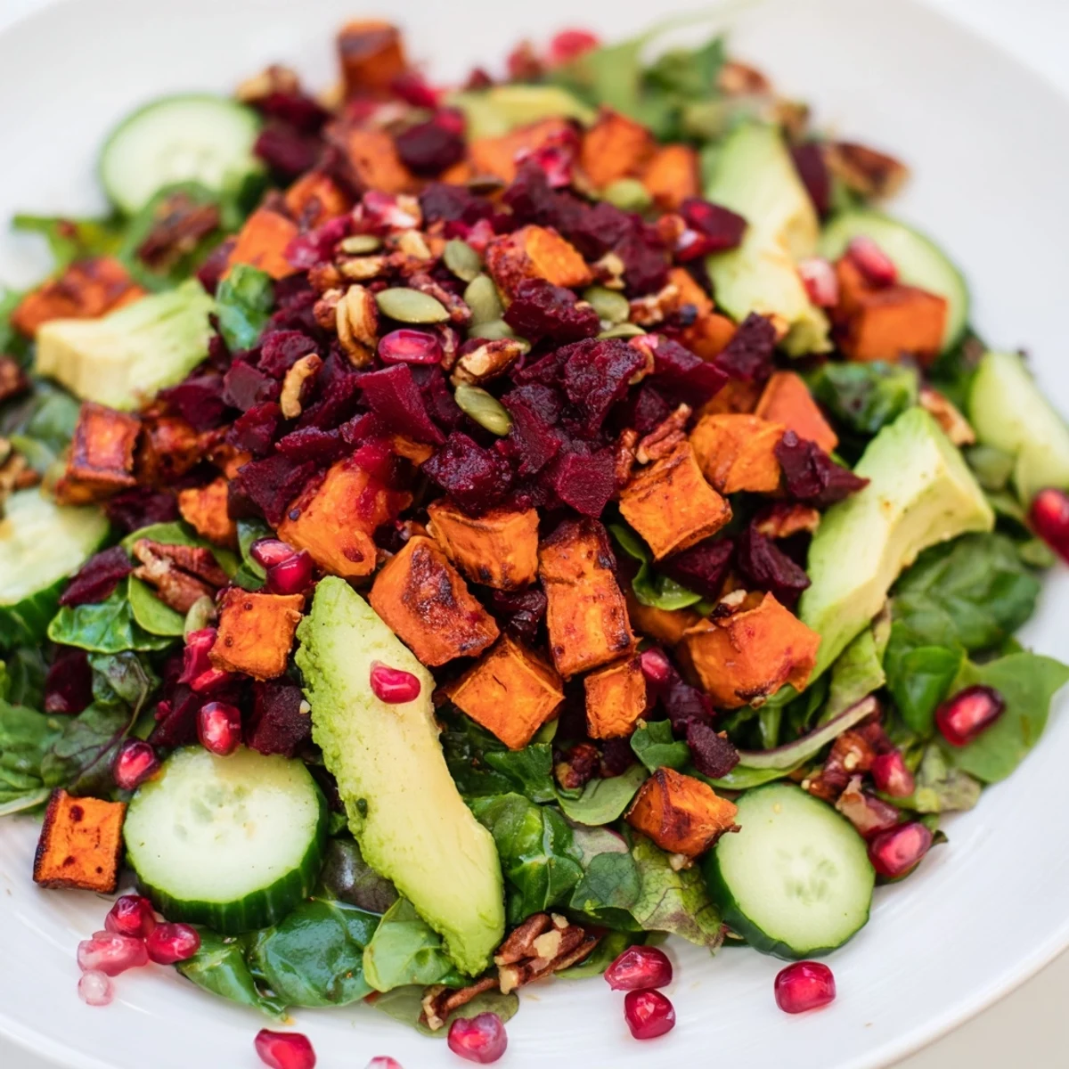 A colorful New Year Paleo Salad featuring mixed greens, pomegranate jewels, and sliced avocado, so delicious.