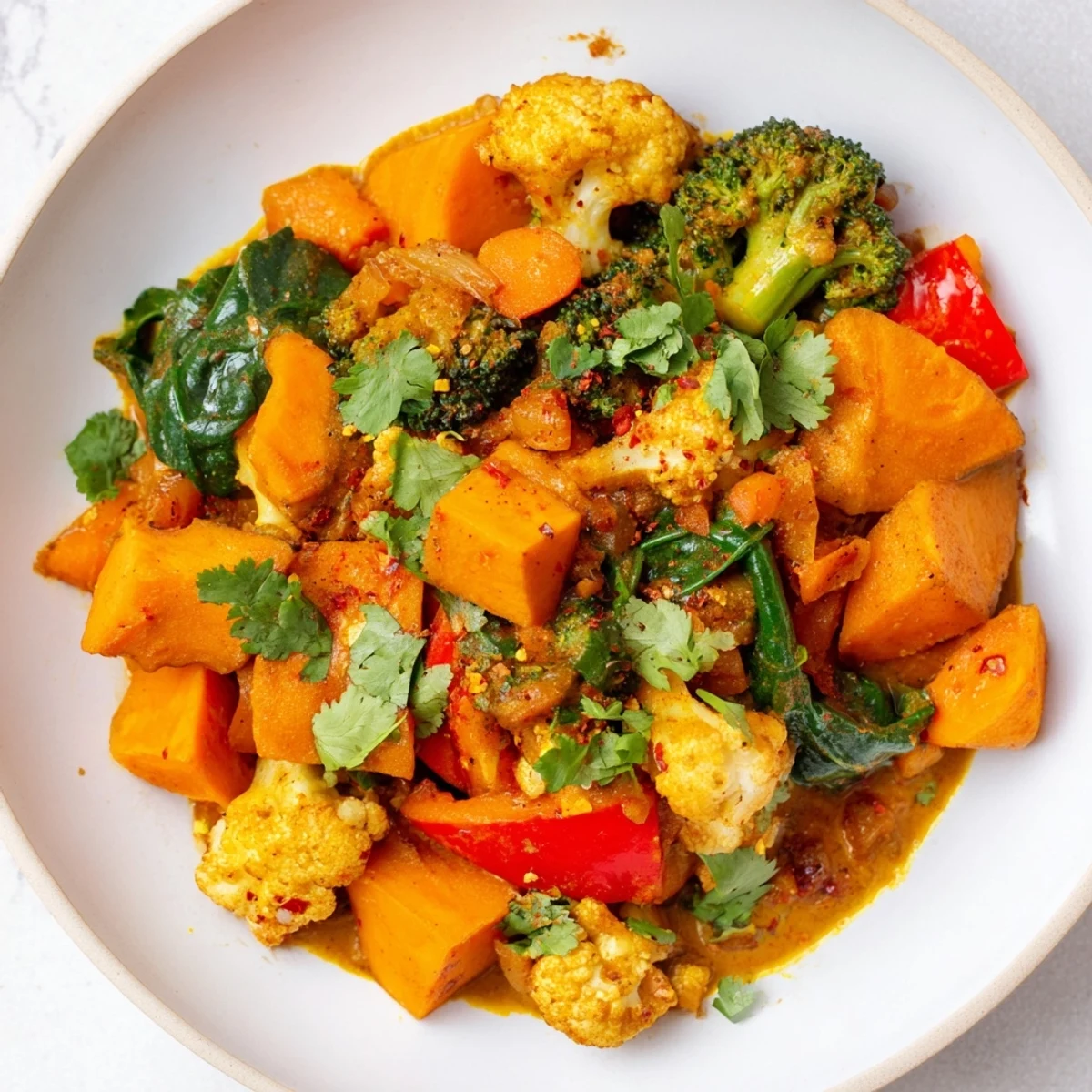 Steaming bowl of Winter Wellness Low Fat Curry, garnished with fresh cilantro, ready to serve.