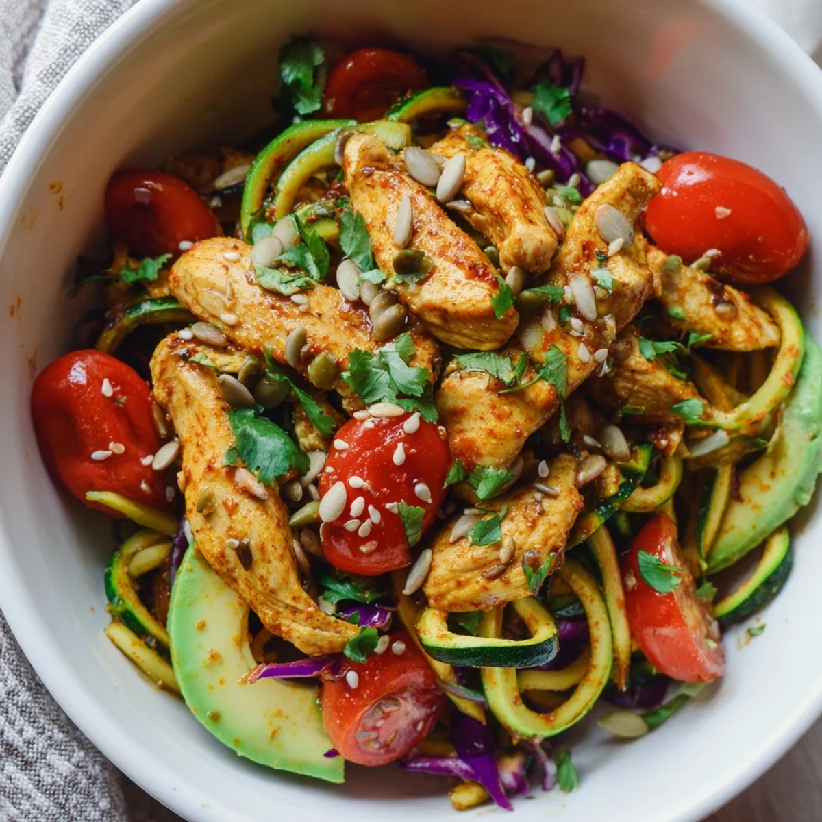 Freshly cooked chicken rests atop vibrant zucchini noodles, red cabbage, and avocado slices, drizzled with lemon dressing and sprinkled with pumpkin seeds.