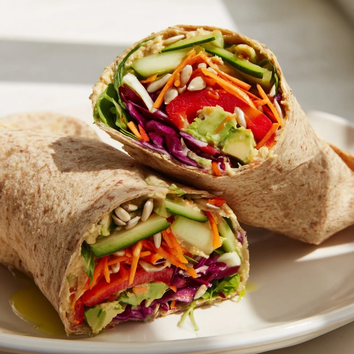 Freshly made Crisp Air Vegan Wrap filled with colorful veggies and creamy hummus on a wooden board.