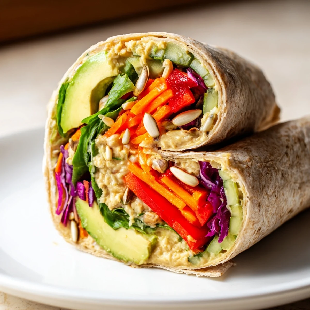 A sliced Crisp Air Vegan Wrap reveals avocado and shredded cabbage with a zesty lemon drizzle.