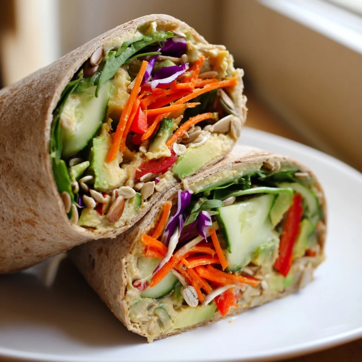 Close-up of a Crisp Air Vegan Wrap packed with crunchy peppers, carrots, and greens for lunch.