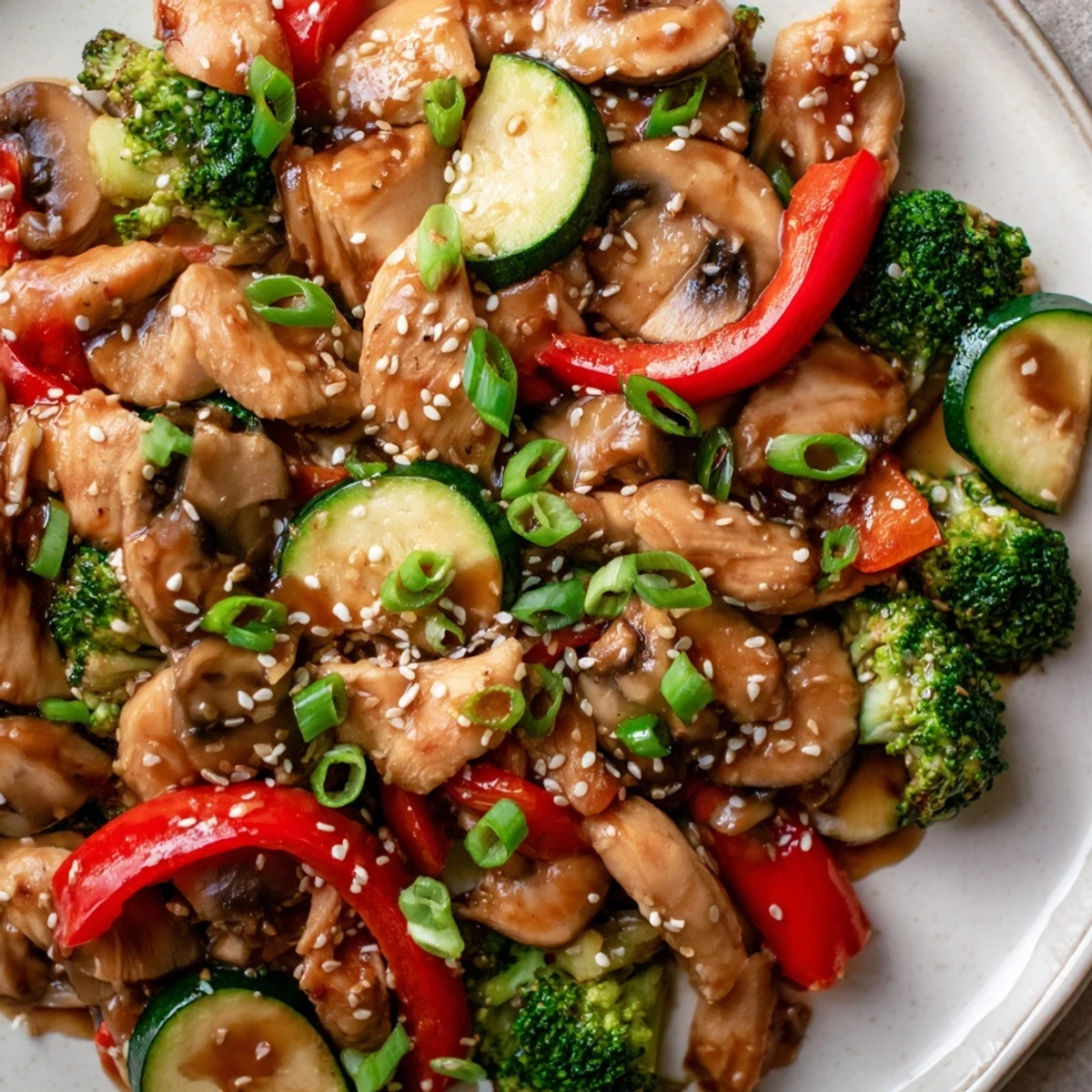 Freshly cooked Solstice Keto Stir Fry with tender chicken, crisp zucchini, and red bell peppers in a savory sauce.