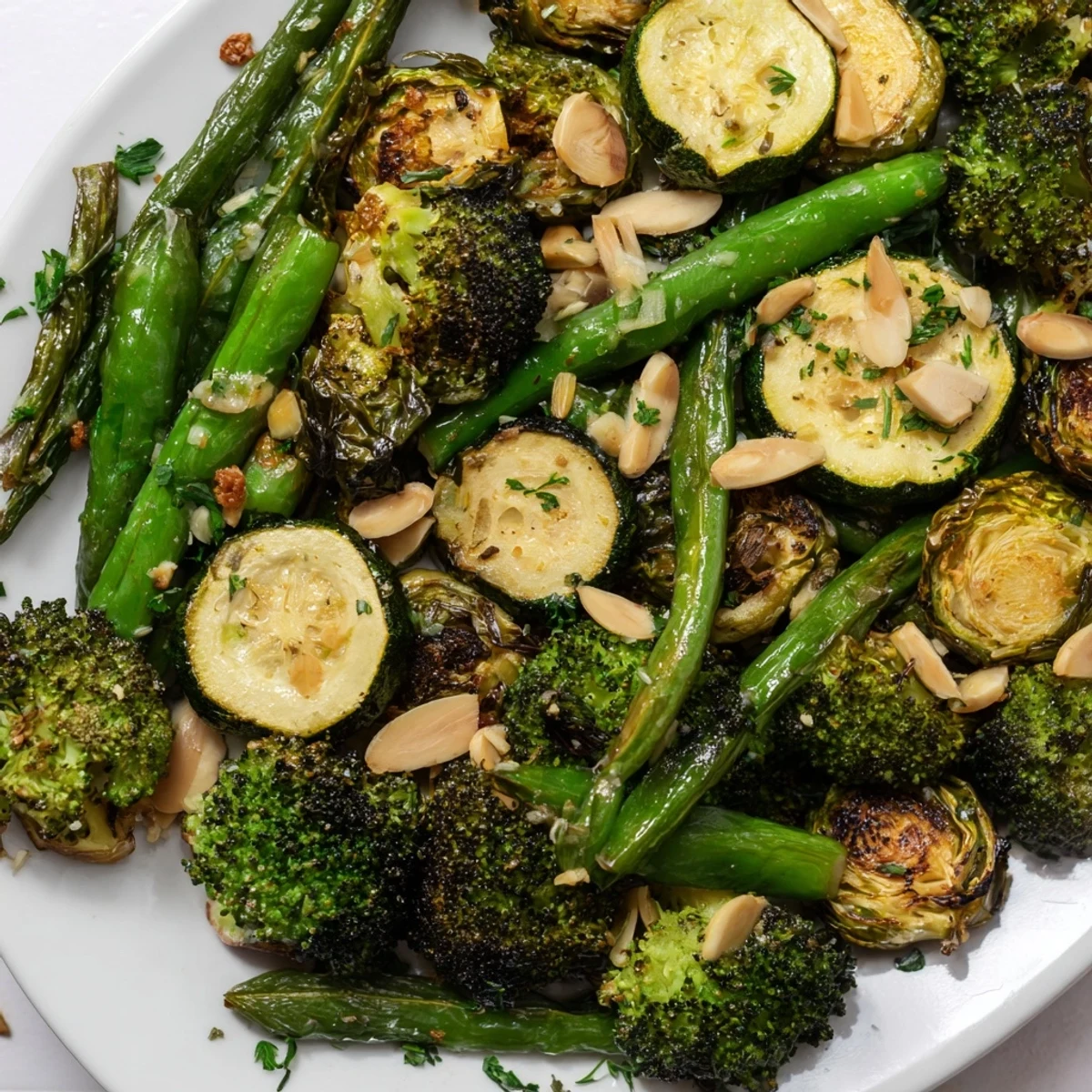 Freshly roasted Evergreen Paleo Roasted Vegetables with bright green broccoli, Brussels sprouts, and asparagus on a serving platter.