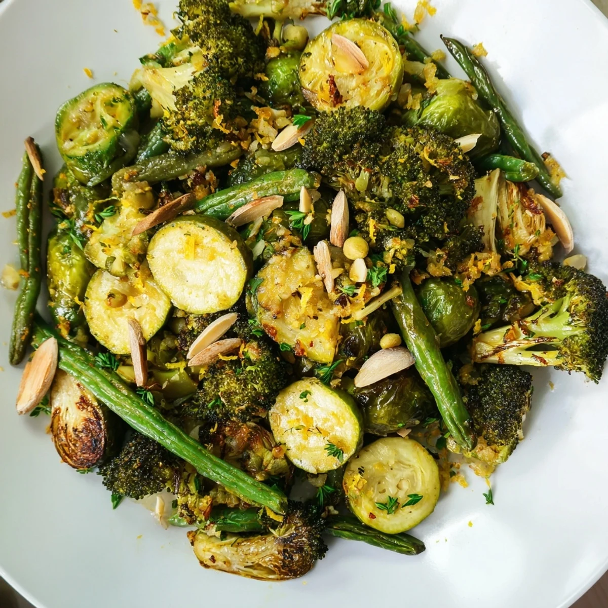 Seasoned Evergreen Paleo Roasted Vegetables served warm alongside grilled salmon, highlighting the vibrant green beans and zucchini.