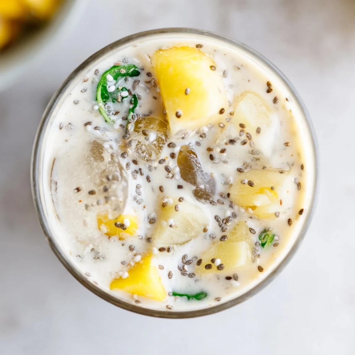 A tall glass of Chilly Breeze Paleo Smoothie filled with vibrant green and yellow hues, garnished with fresh mint and a pineapple wedge on a bright kitchen counter.