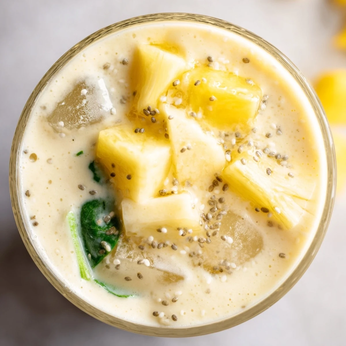 Blender pitcher pouring the creamy Chilly Breeze Paleo Smoothie into two tall glasses, surrounded by fresh baby spinach, mango chunks, and coconut milk.