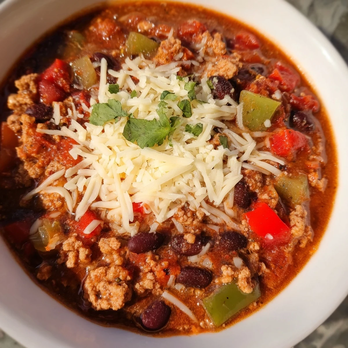 A steaming bowl of Snowy Day High Protein Chili topped with avocado, cheese, and fresh cilantro.