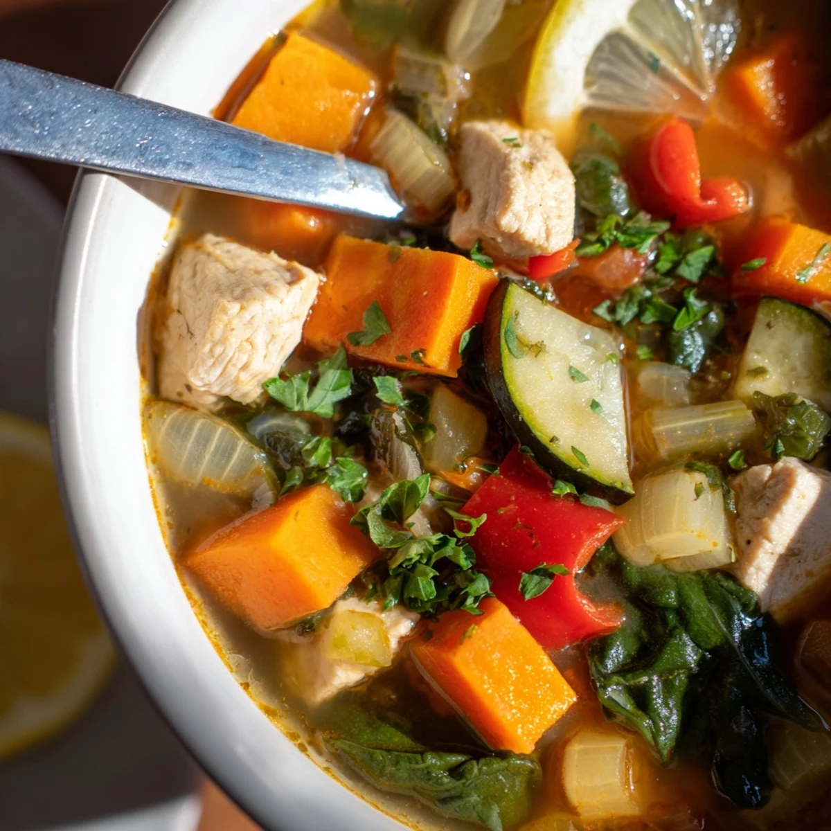 A bowl of steaming Solstice Low Fat Stew, packed with colorful carrots, zucchini, and tender chicken in a rich broth.