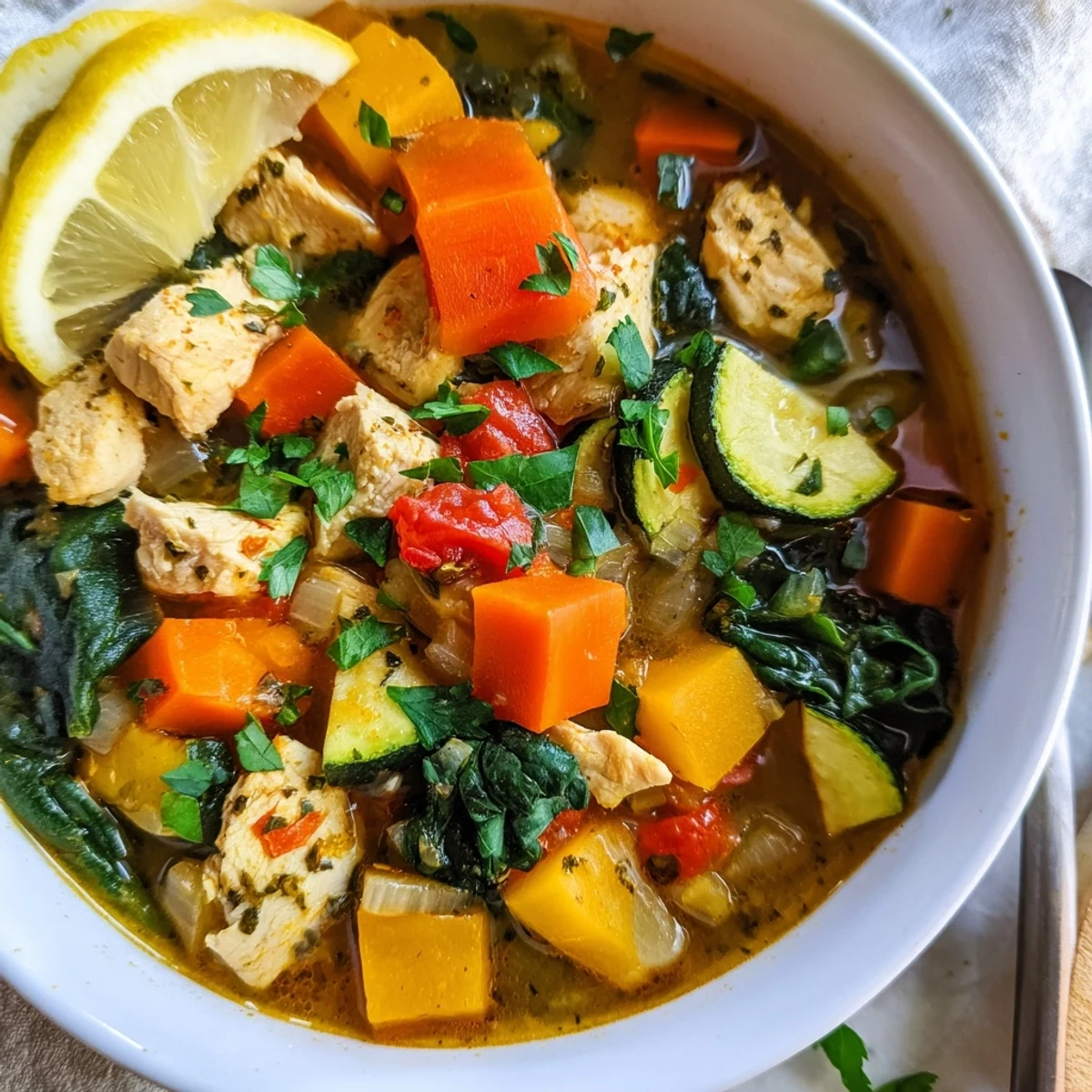Close-up of Solstice Low Fat Stew showing chunks of butternut squash, bell pepper, and wilted spinach in herby broth.