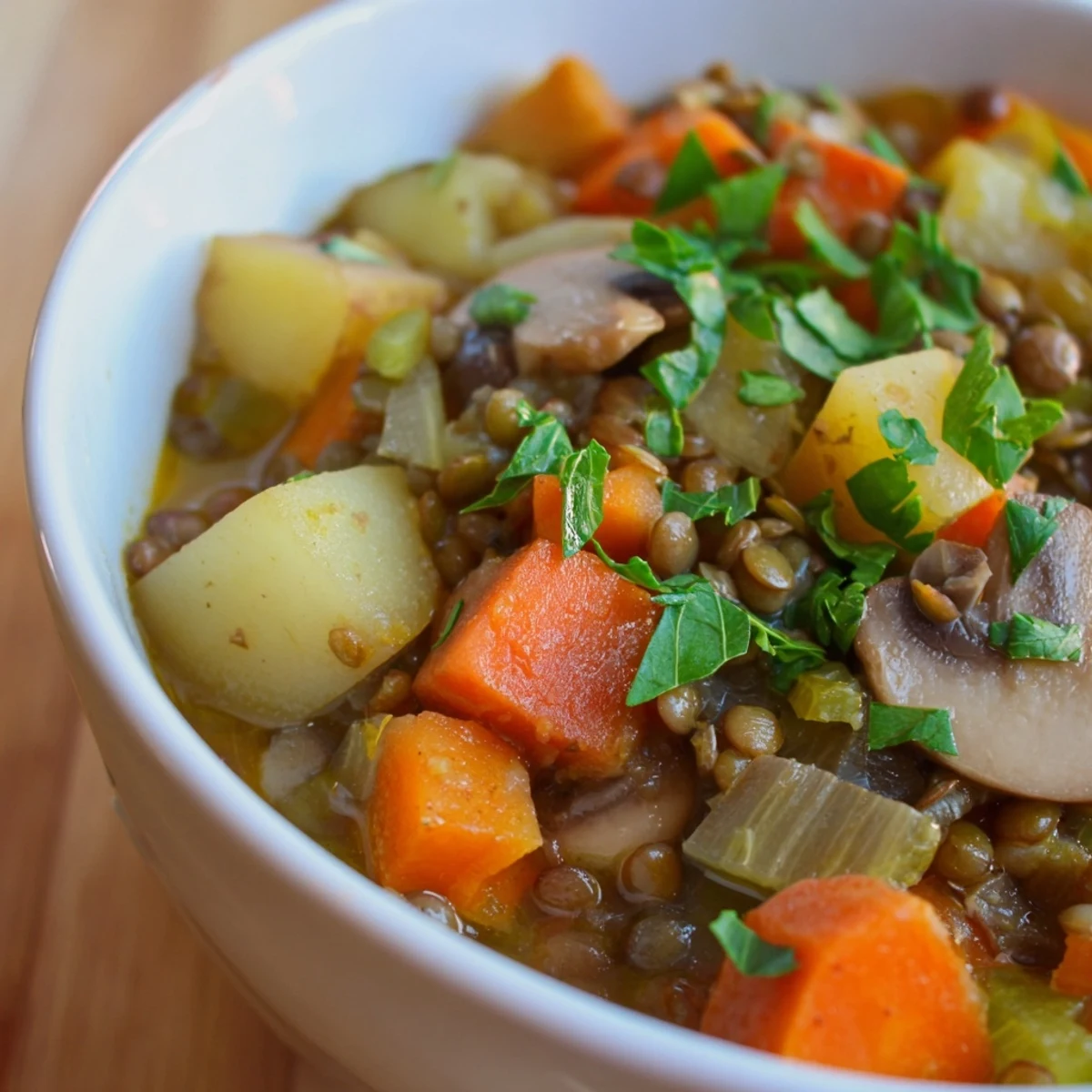 A warm bowl of Fireside Vegan Stew filled with tender lentils and root vegetables, garnished with fresh parsley and served with crusty bread.