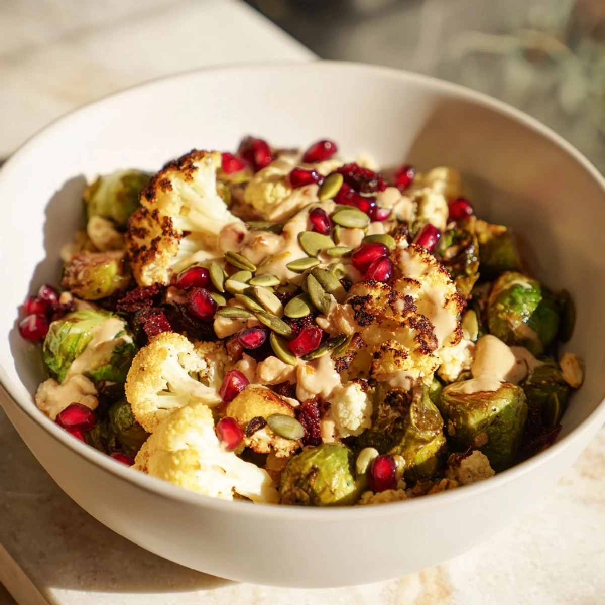 Golden roasted cauliflower, Brussels sprouts, and rutabaga fill this Winter Harvest Low Carb Grain Bowl with vibrant color.