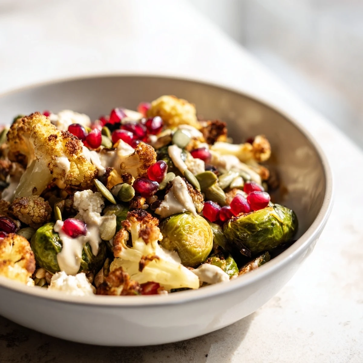 A fresh batch of Winter Harvest Low Carb Grain Bowl is ready to serve with creamy tahini dressing.