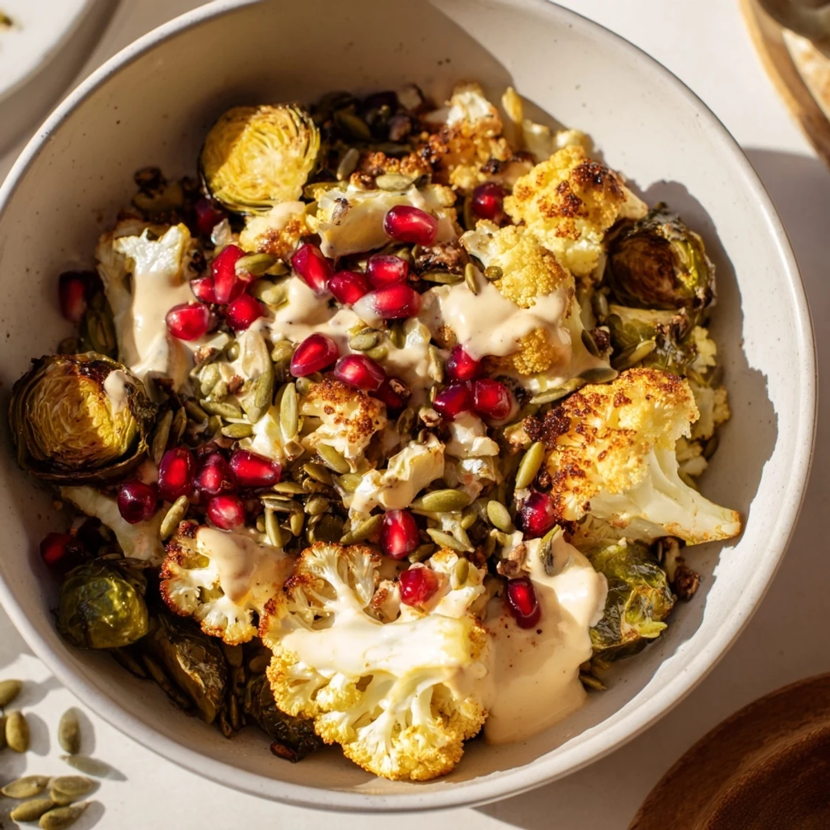 This low carb bowl features tender greens, crunchy pumpkin seeds, and bright pops of pomegranate seeds.