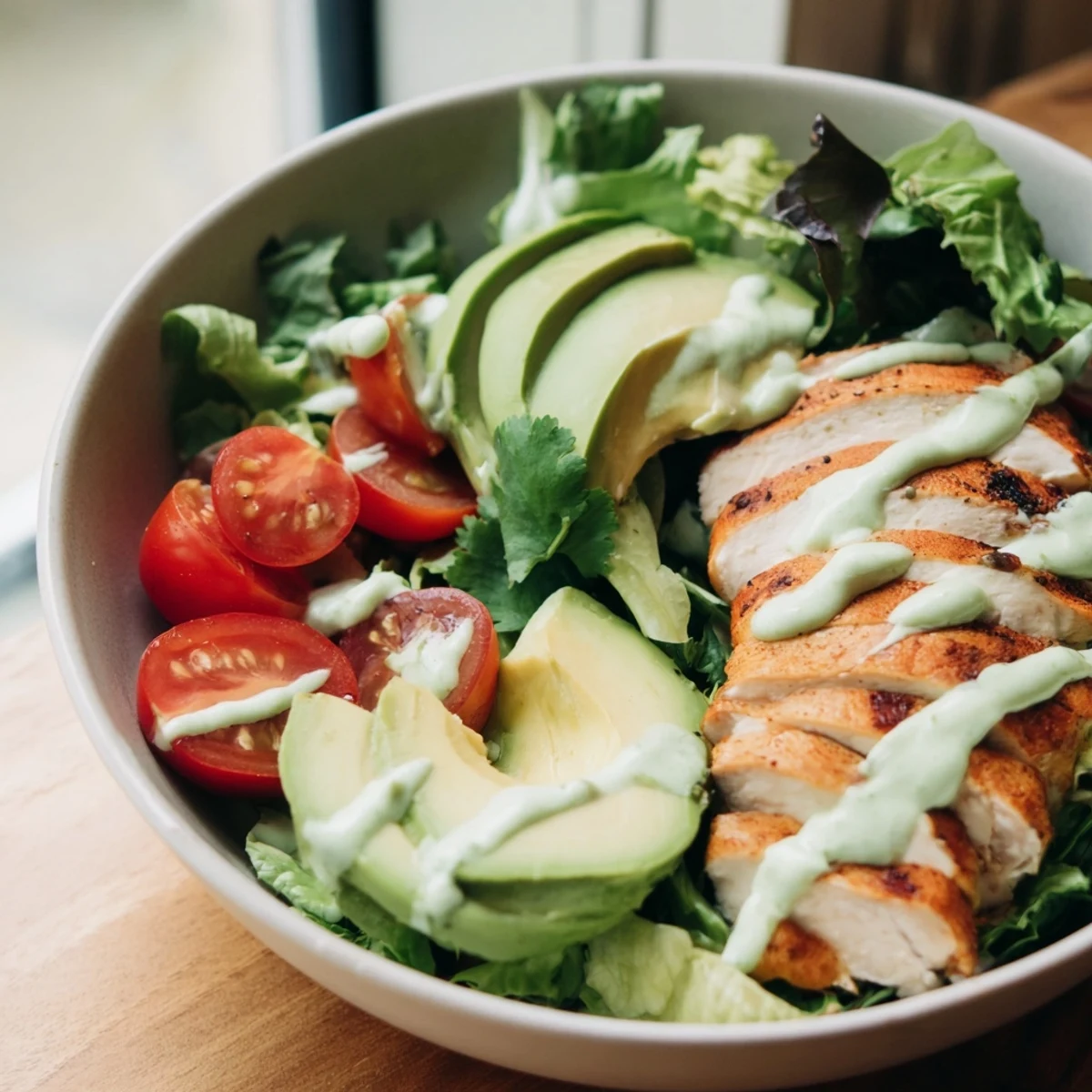 Juicy grilled chicken slices sit on crisp greens and diced veggies for this Chilly Breeze Paleo Bowl, topped with zesty lime-cilantro dressing.