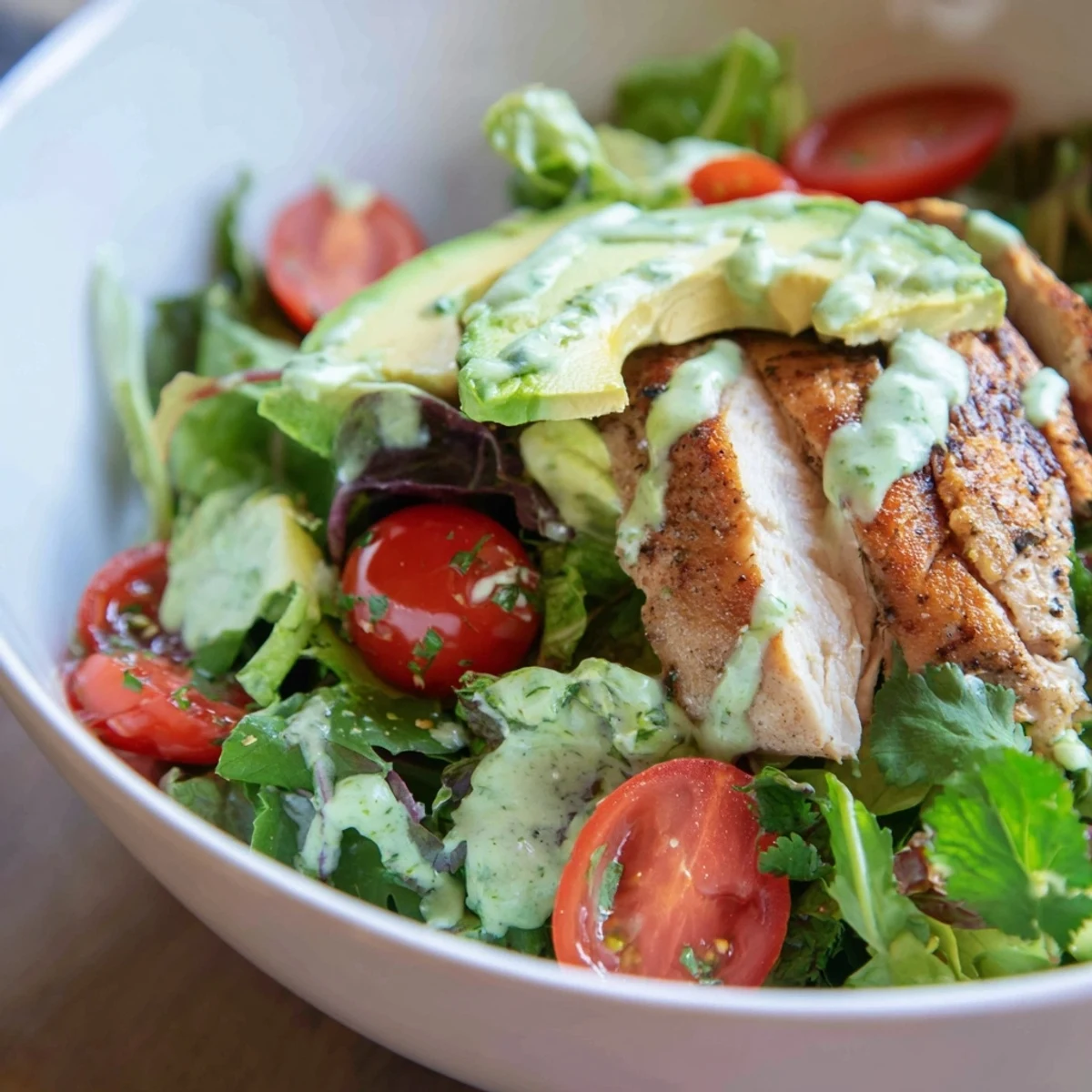 Freshly prepared Chilly Breeze Paleo Bowl with cherry tomatoes, avocado, cucumber, and red bell pepper tossed in vibrant greens on a rustic table.