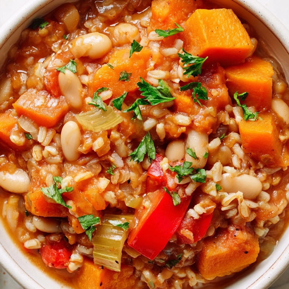 A hearty scoop of Warm Hearth Vegetable & Bean Casserole served beside crusty bread on a wooden table.