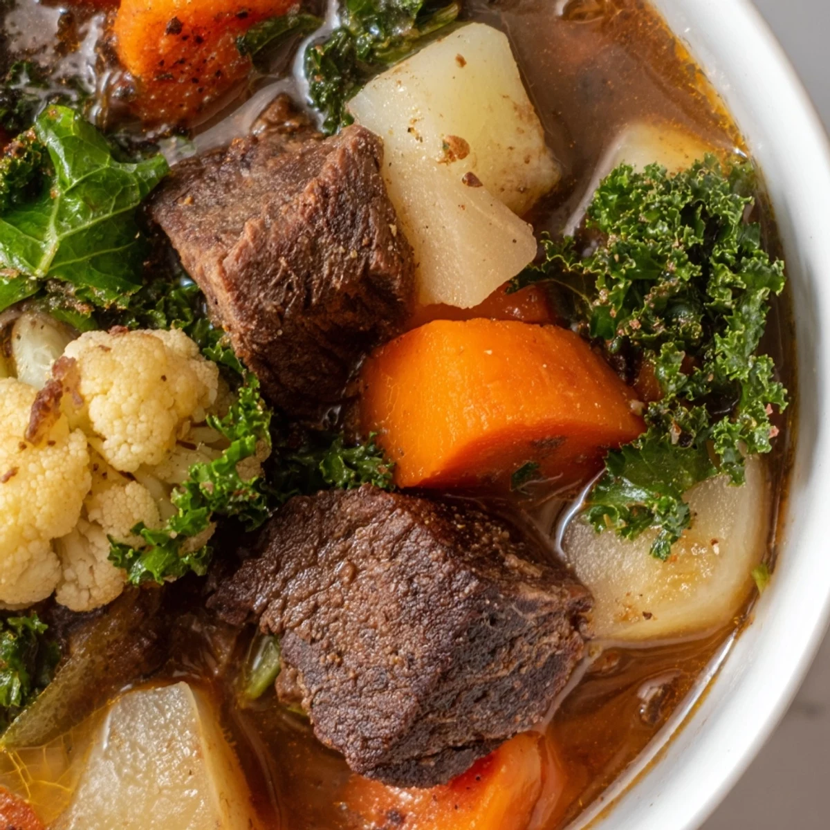 Hearty Winter Harvest Keto Stew is served steaming in a rustic bowl, garnished with fresh kale and a swirl of sour cream for a comforting family meal.