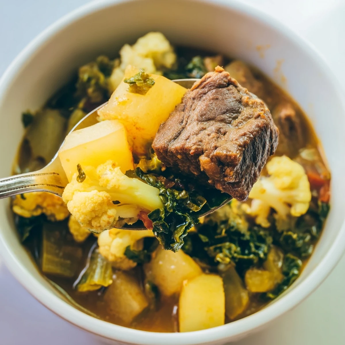 A ladle lifts rich Winter Harvest Keto Stew from a heavy pot, revealing tender beef, cauliflower florets, and carrots in a thick, savory herb-infused broth.