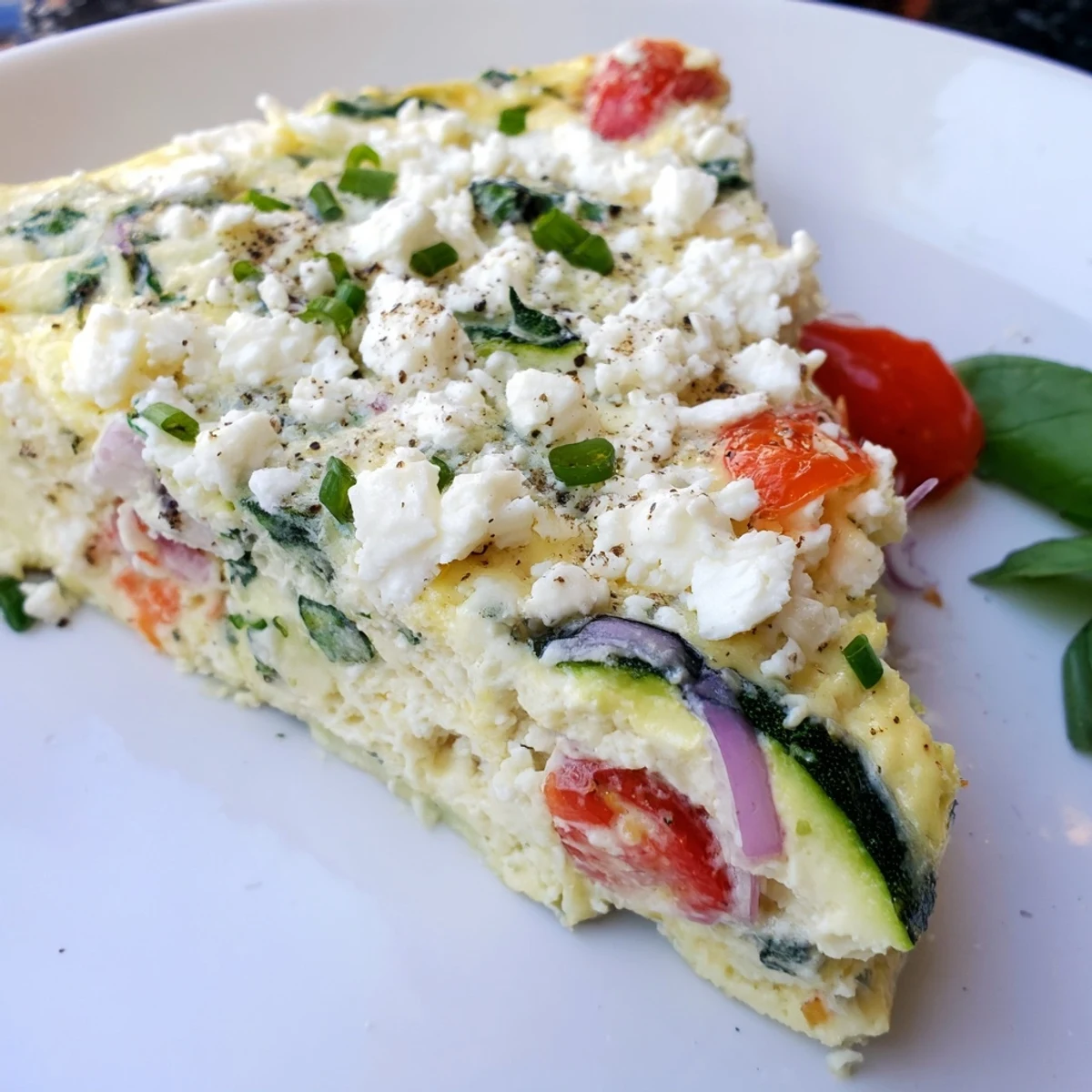 Freshly baked Solstice Low Carb Frittata featuring zucchini, spinach, and herbs in a skillet.