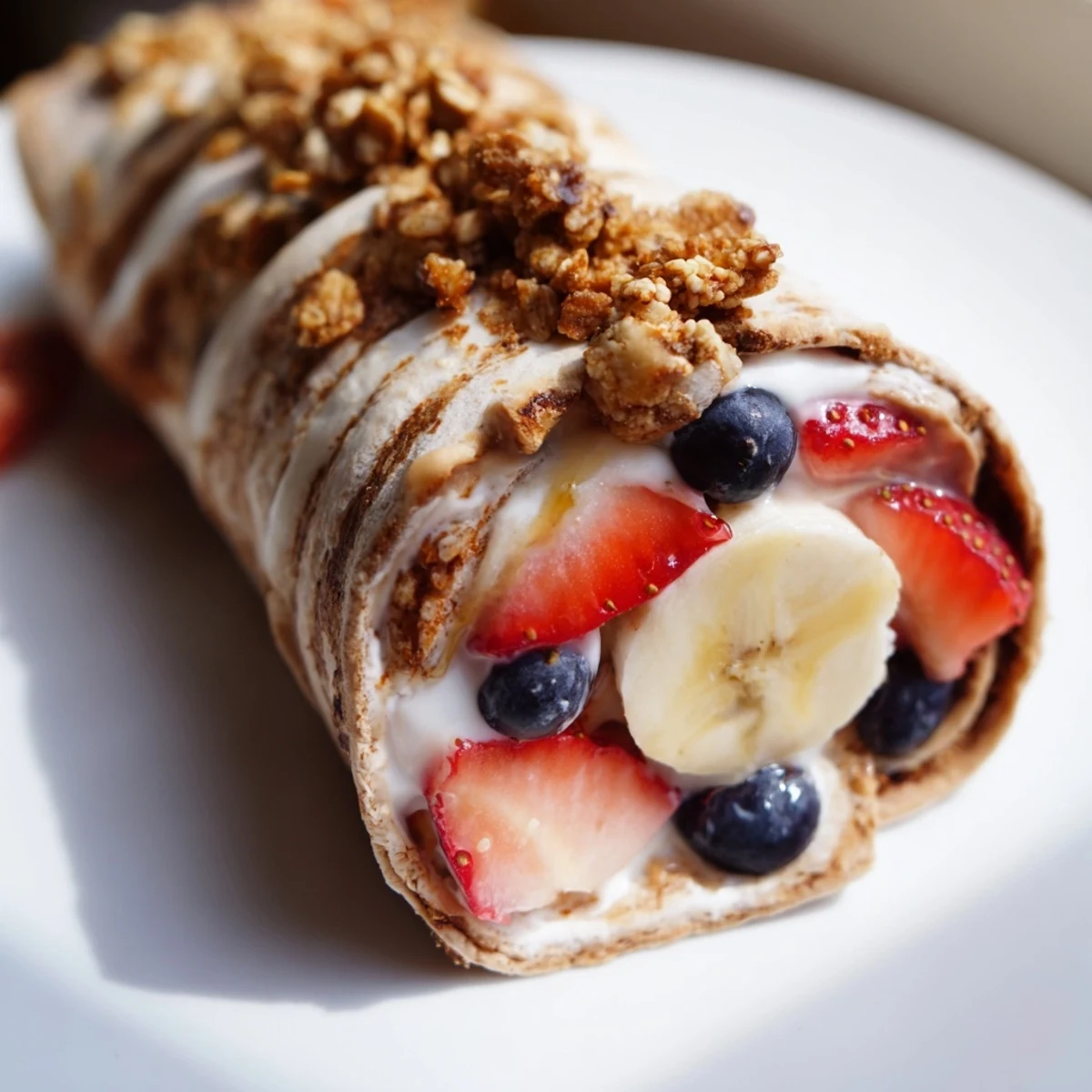 Two halved Frosty Morning Low Fat Wraps show blueberries and crunchy granola on whole wheat tortillas.