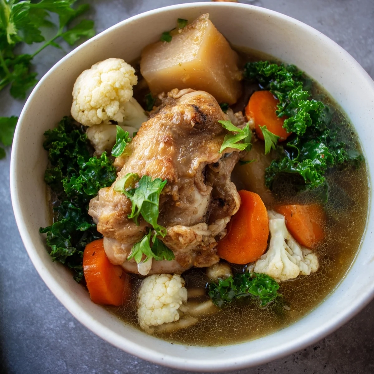 A hearty ladleful of Winter Harvest Low Carb Stew features chicken, carrots, and celery in a savory broth, ready to serve.