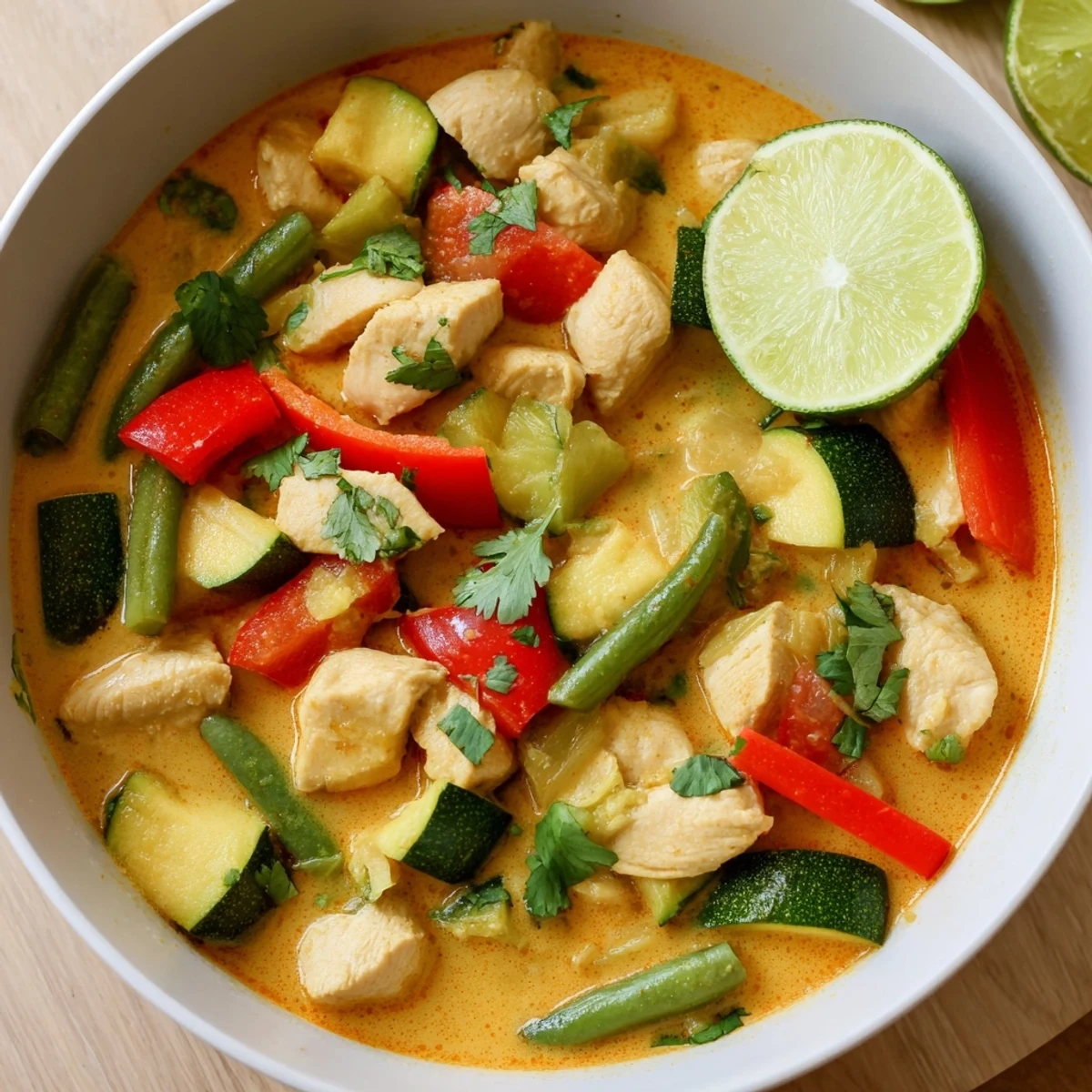 A bowl of Crisp Air Low Carb Curry with tender chicken and colorful vegetables, served with lime wedges and fresh cilantro.