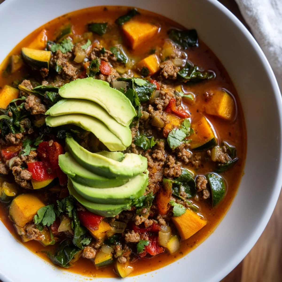 Seasonal Glow Paleo Chili simmering in a pot, garnished with lime wedges and chopped cilantro.